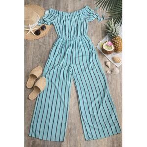 Band of Gypsies Off Shoulder Striped Jumpsuit Romper Medium Boho Wide Leg Womens